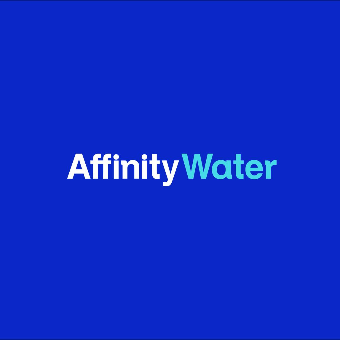 Affinity Water logo with "Affinity" in white and "Water" in light blue on a solid dark blue background.