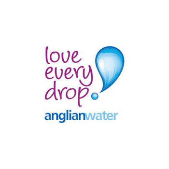 The image shows the Anglian Water logo with the slogan "love every drop" next to a blue water droplet.