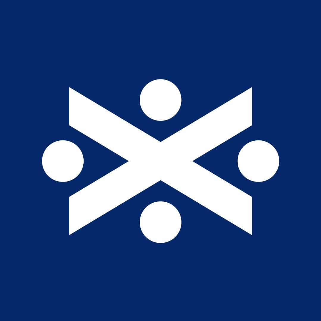 A navy blue background with a white geometric design of two crossing lines forming an "X" and four dots placed at each end of the lines.
