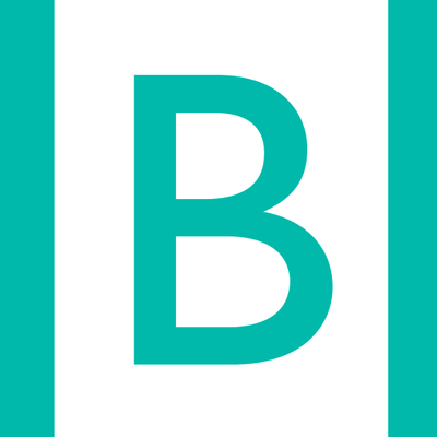A large turquoise letter "B" is centered on a white background, flanked by two thick vertical turquoise bars on the left and right sides.