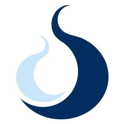 A stylized logo featuring two overlapping flame shapes, one large and dark blue, the other smaller and light blue, on a white background.