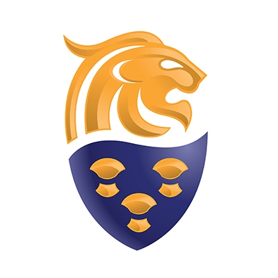 Stylized gold lion head above a blue shield featuring three gold lion paw prints on a white background.
