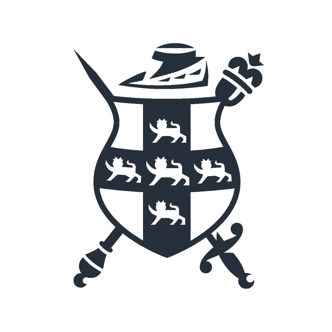 A stylized coat of arms with four lions, a knight’s helmet on top, and a scepter and sword crossed behind the shield.