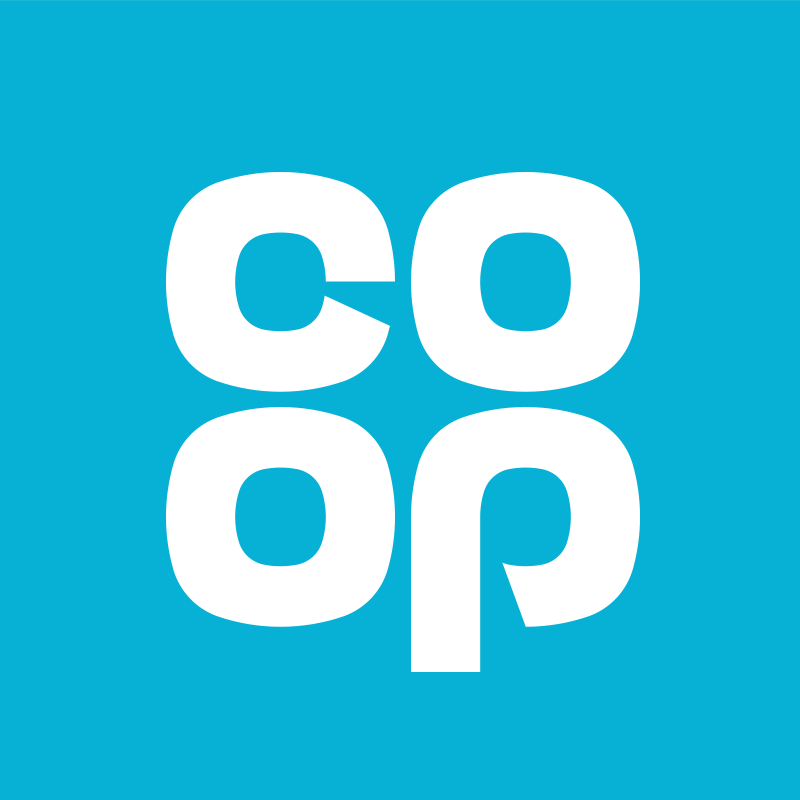 The Co-op logo featuring the word "co-op" in rounded white letters on a blue background.