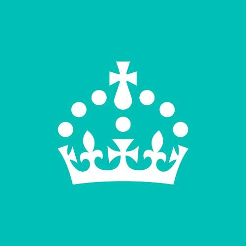 A simple white crown icon with circles and cross motifs on a solid turquoise background.
