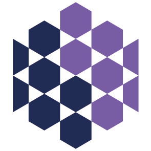 A geometric pattern of interlocking hexagons in alternating dark blue and purple colors arranged in a diamond shape on a white background.