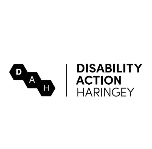 Black and white logo for Disability Action Haringey, featuring three hexagons with the letters D, A, and H, next to the organization's name in bold text.