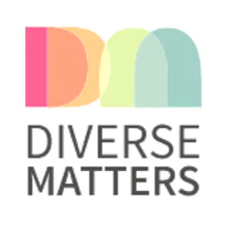 Logo with overlapping shapes in pink, orange, yellow, green, and blue above the text "DIVERSE MATTERS" in capital letters.