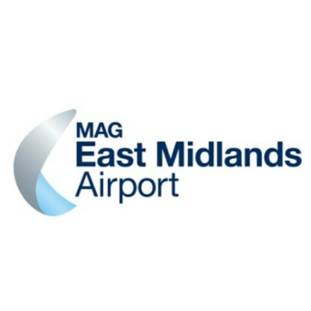 The logo features a blue and grey crescent shape beside the text "MAG East Midlands Airport" on a white background.