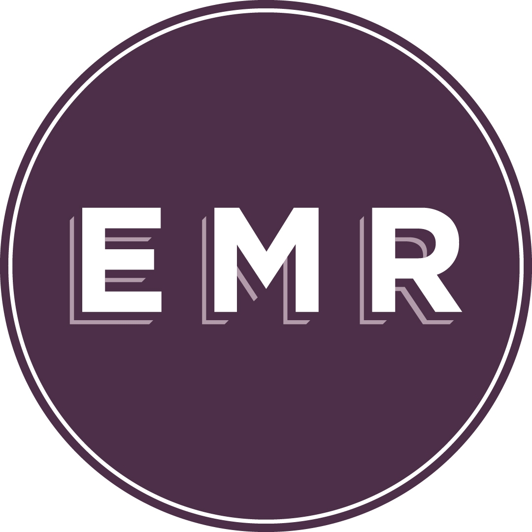 A circular logo with a dark purple background features the white, bold letters “EMR” in the center, outlined by a thin white double border.