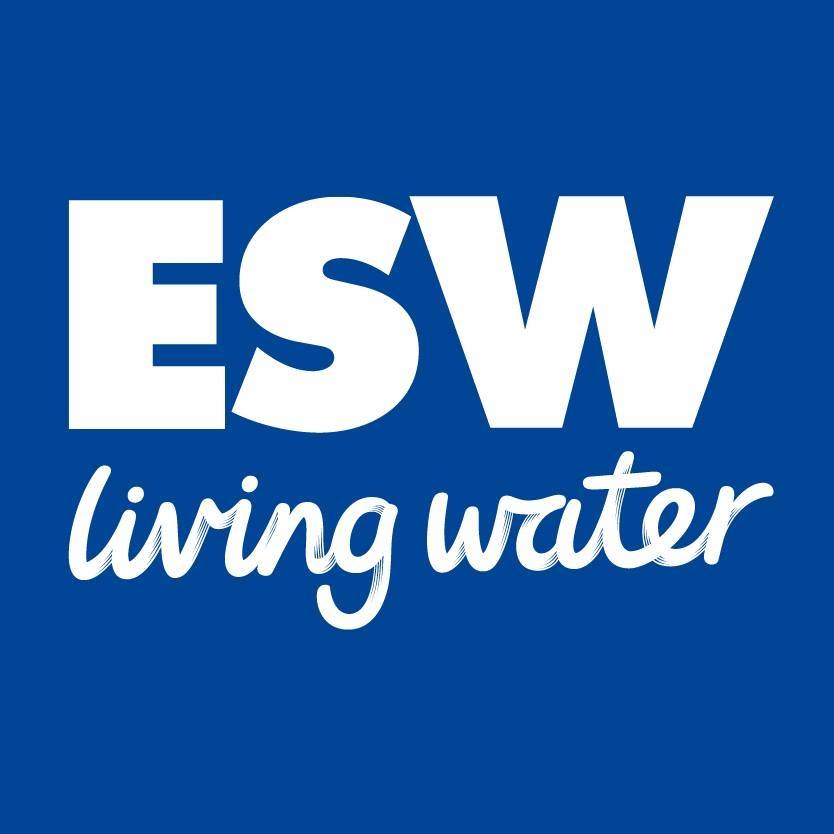 White text on a blue background reads "ESW" in bold letters, with "living water" written in a handwritten style below.