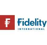 Fidelity International logo featuring a red square with a white "F" symbol and the words "Fidelity International" in blue text.