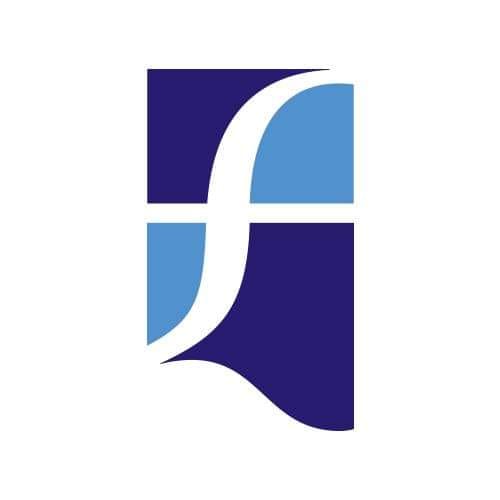 A stylized blue and light blue logo with curved lines forming an abstract "f" shape, divided into four quadrants on a white background.