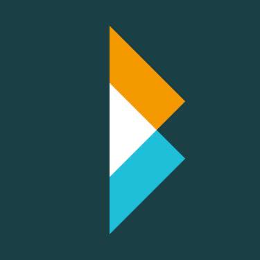 A geometric logo with orange, white, and blue triangles forming a stylized "B" shape on a dark teal background.