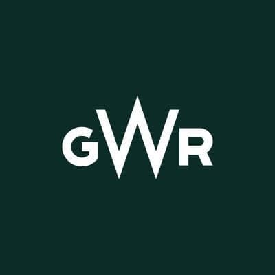 White capital letters "GWR" with the "W" stylized as two pointed peaks, set against a dark green background.