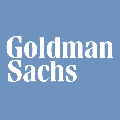 Goldman Sachs logo with white text on a light blue background.
