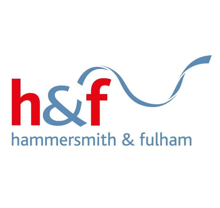 The logo for Hammersmith & Fulham features "h&f" in red lowercase letters with a blue wave design and "hammersmith & fulham" written below in blue lowercase letters.