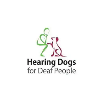 Logo with green outline of a person and red outline of a dog beside the text "Hearing Dogs for Deaf People.