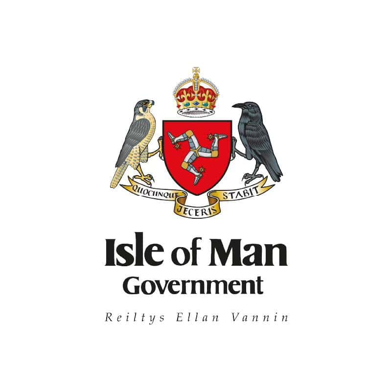 Isle of Man Government crest featuring a red shield with a three-legged emblem, flanked by a falcon and a raven, with a crown above and motto below.