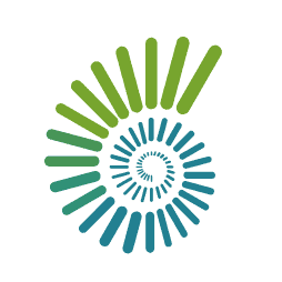 Abstract spiral design with blue and green radial lines forming a nautilus shell pattern on a white background.