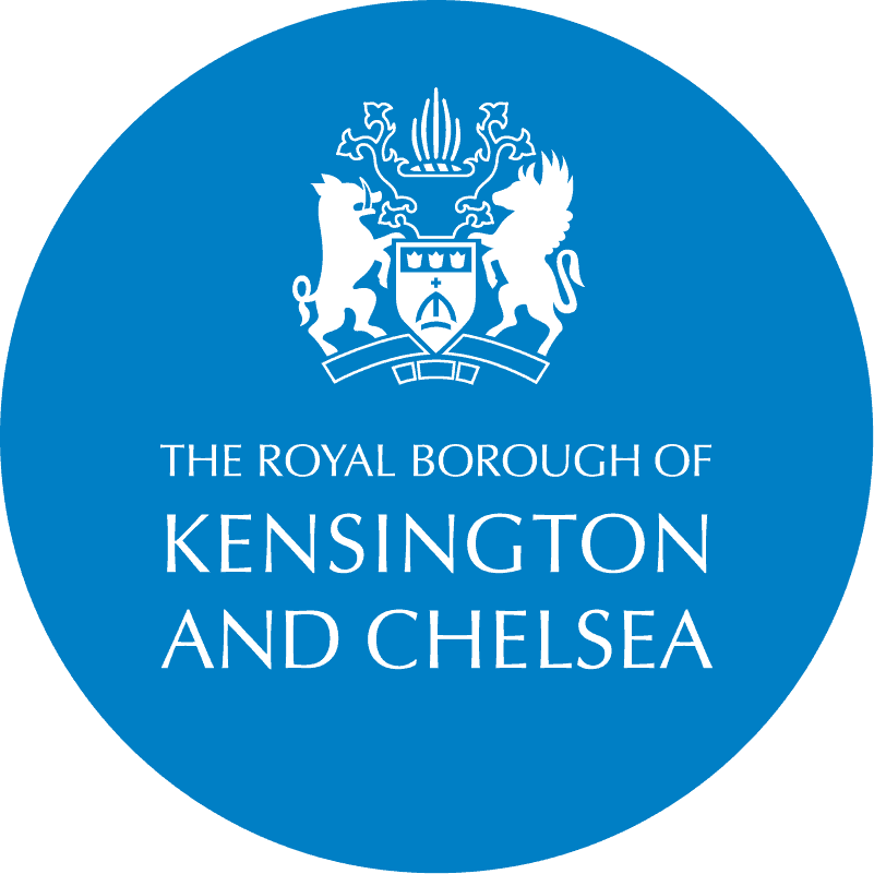 Blue circular logo featuring a white crest with a lion and unicorn above the text "The Royal Borough of Kensington And Chelsea.