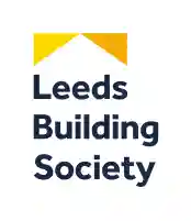 Leeds Building Society logo with a yellow roof shape above the organization's name in bold blue text.