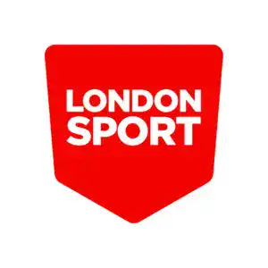 Red shield-shaped logo with the words "LONDON SPORT" in bold white uppercase letters centered on it.
