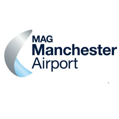 Manchester Airport logo featuring a stylized silver and blue crescent shape with the text "MAG Manchester Airport" on a white background.