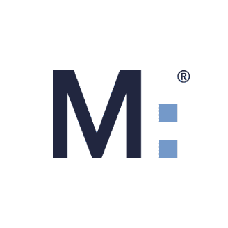 Large navy blue letter "M" followed by a colon made of two stacked light blue squares, with a registered trademark symbol above and to the right.