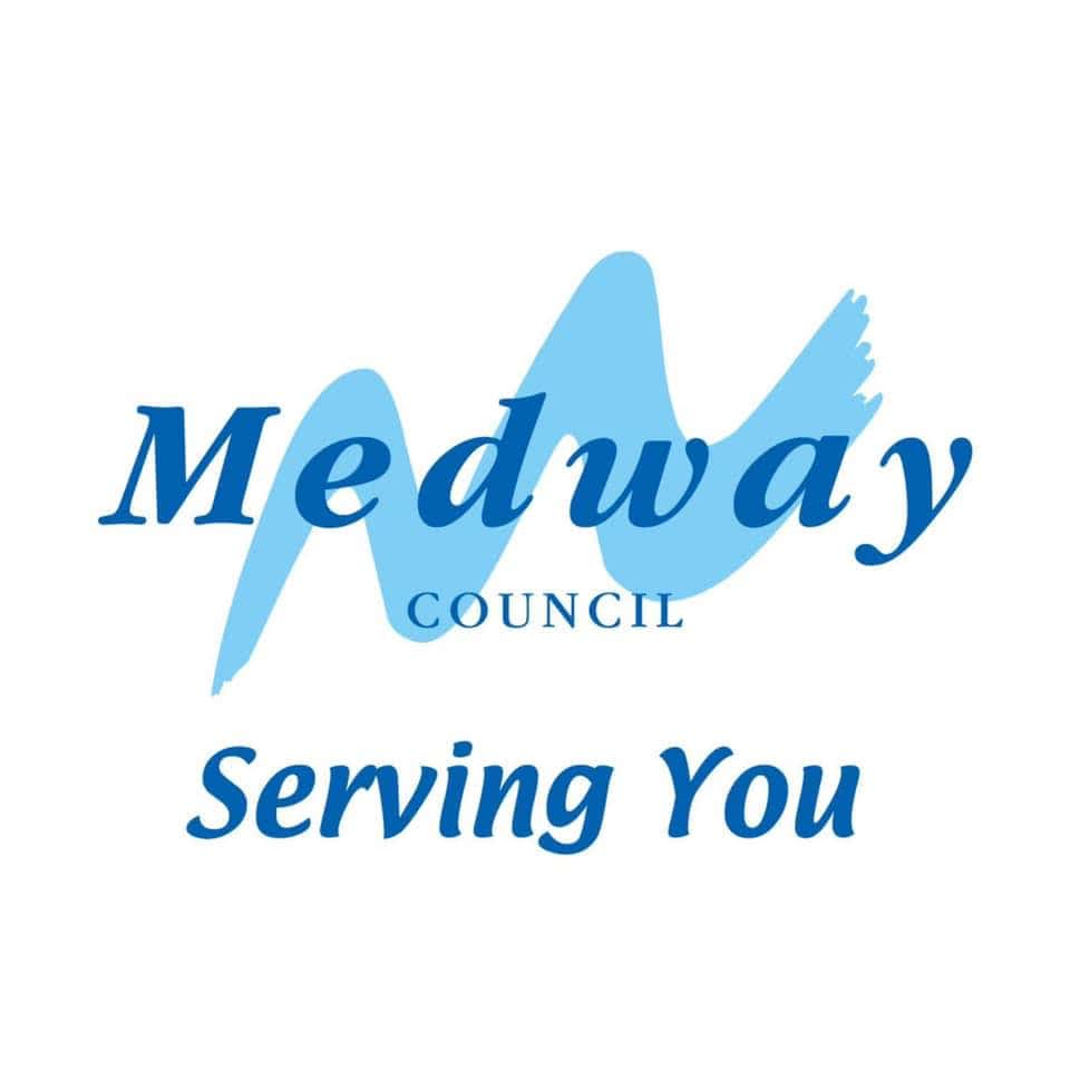 Medway Council logo with blue text and a stylized 'M' in the background, accompanied by the slogan "Serving You.