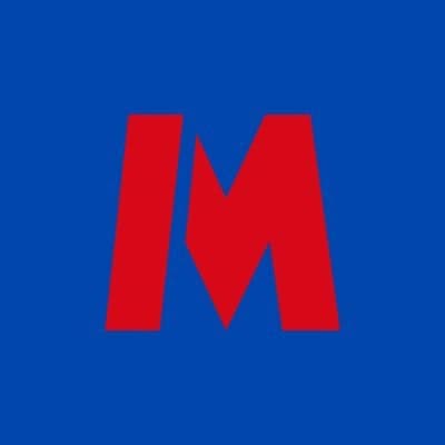 A bold red letter "M" is centered on a solid blue background.