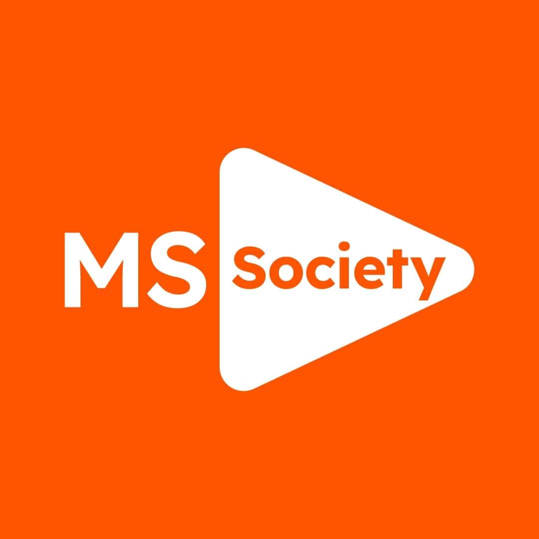 MS Society logo with "MS" in white letters next to a white triangular shape containing the word "Society," all set against an orange background.