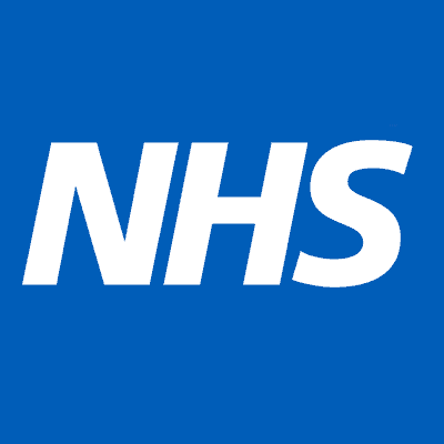 NHS logo with bold white letters on a blue background.