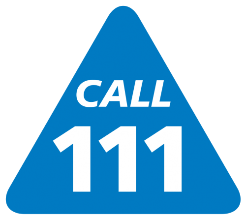A blue triangular sign with the words "CALL 111" in bold white text.