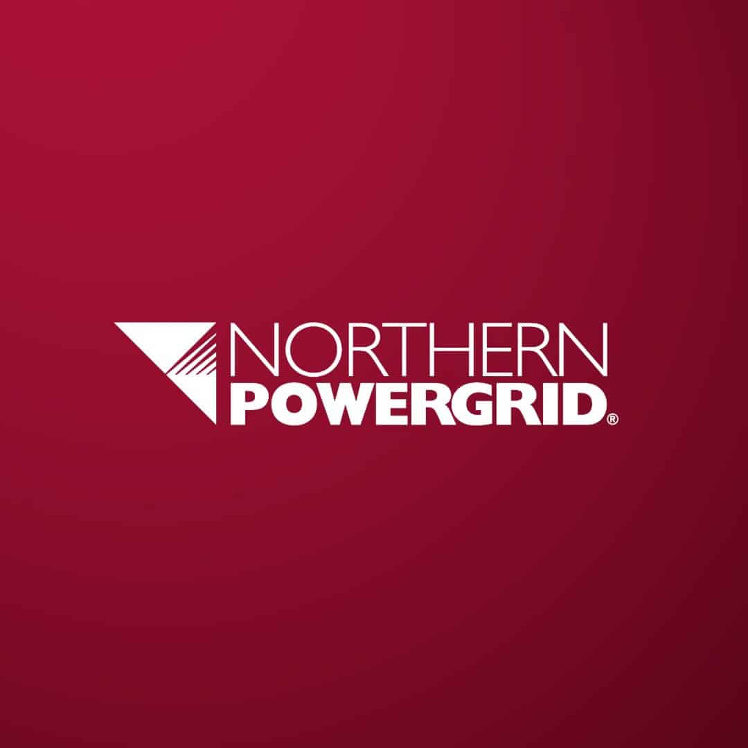 Northern Powergrid logo in white text with a triangular graphic, centered on a solid maroon background.