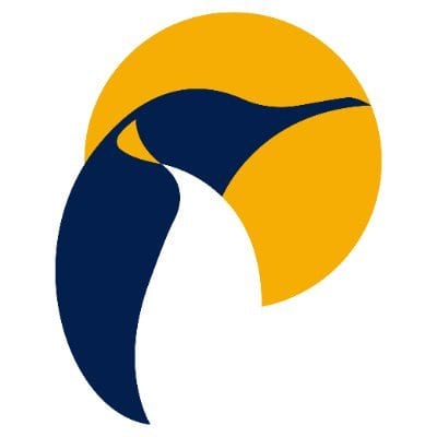 Stylized illustration of a penguin in dark blue and white, with a gold circular background representing the sun.