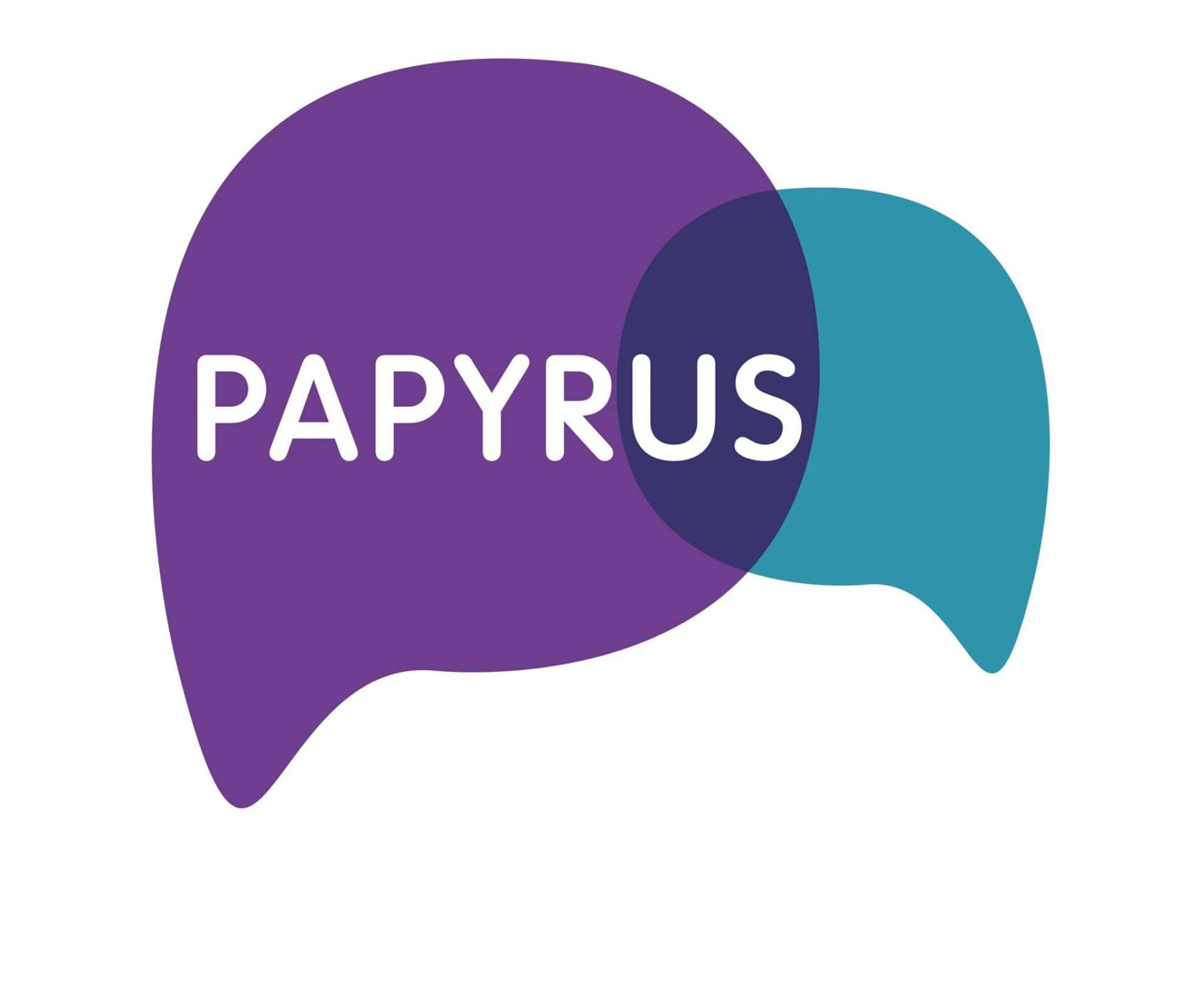 Two overlapping speech bubbles, one purple and one teal, with the word "PAPYRUS" written inside the purple bubble.