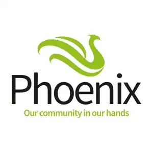 Phoenix logo with a green phoenix bird above the word "Phoenix" and the tagline "Our community in our hands" below in green text.