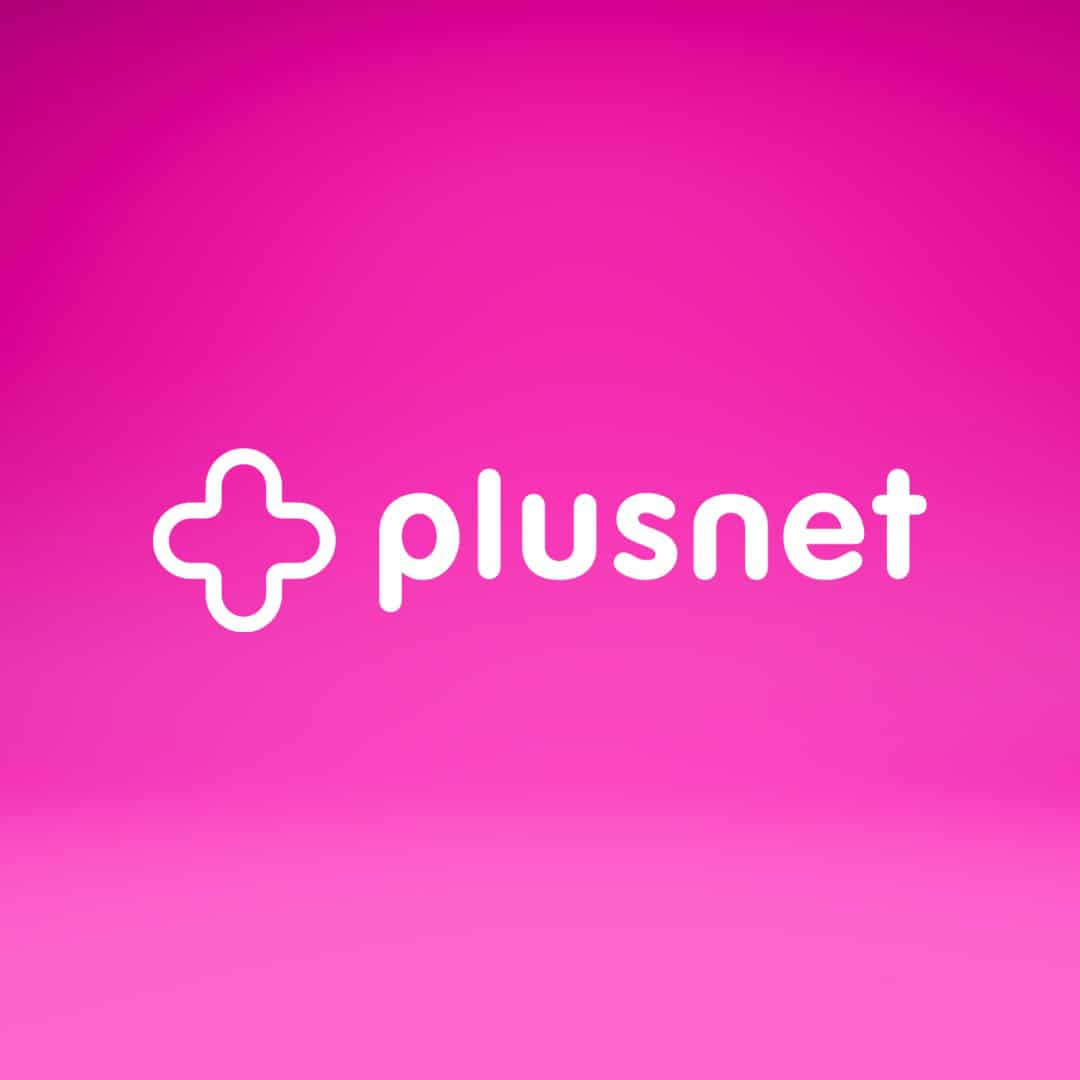 White "plusnet" logo with a plus-shaped symbol on a bright pink gradient background.