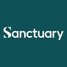 White text spelling "Sanctuary" on a dark teal background, with a stylized "S" in the logo.