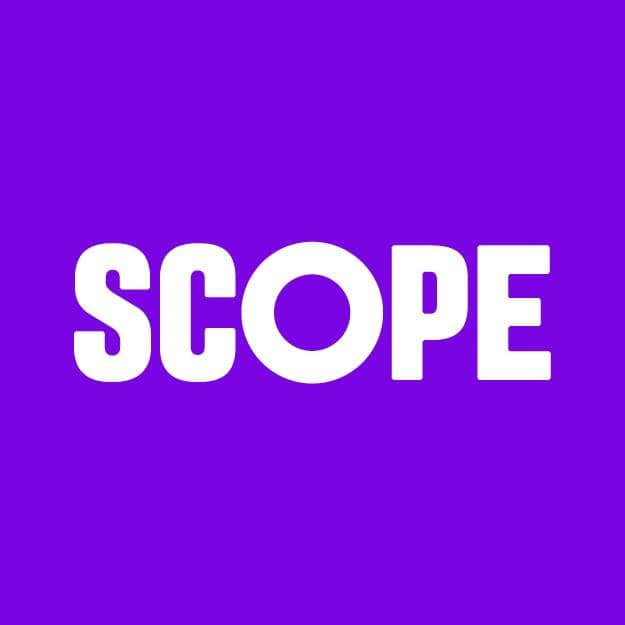 The word "SCOPE" in bold white capital letters is centered on a solid purple background.