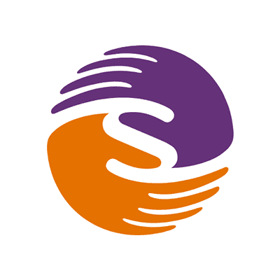 A stylized "S" is centered within a circular design formed by overlapping purple and orange hand shapes.