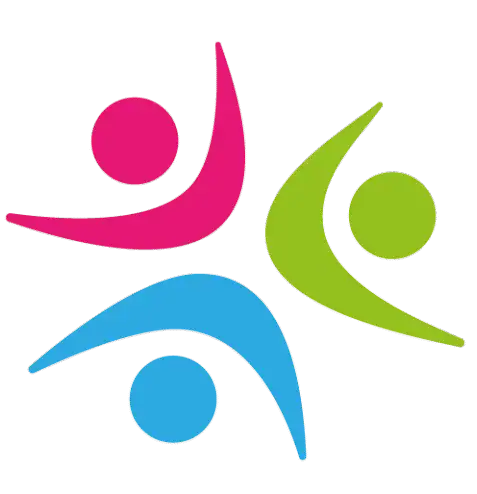 Abstract graphic of three human figures in pink, green, and blue with outstretched arms, forming a circular pattern on a transparent background.