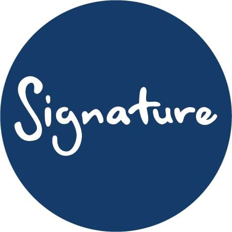 White cursive word "Signature" centered on a solid dark blue circular background.