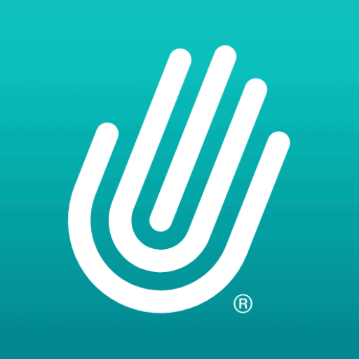 A white stylized hand icon with three fingers is displayed on a teal gradient background, with a registered trademark symbol in the lower right corner.