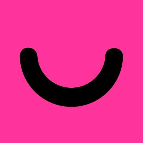 A thick, black, upward-facing curved line resembling a smile on a solid bright pink background.
