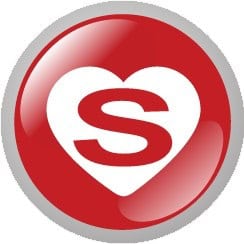 Red circular badge with a white heart shape in the center, containing a bold red letter "S" inside the heart.