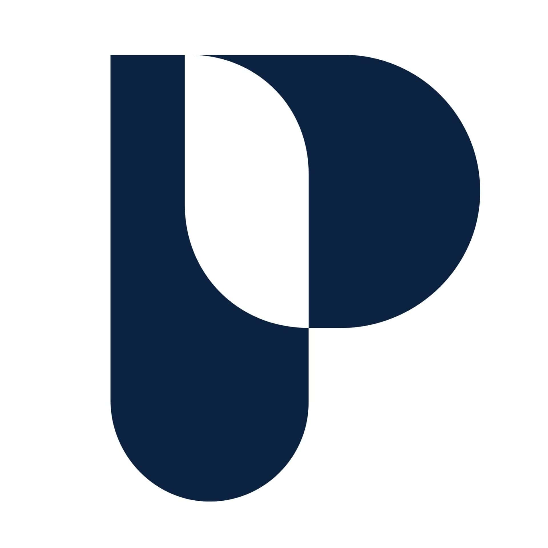 A stylized letter "P" in dark blue, composed of geometric shapes on a white background.