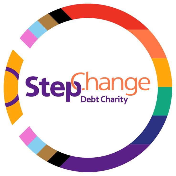 StepChange Debt Charity logo featuring a multicolored circular border and the charity's name in purple and orange text at the center.