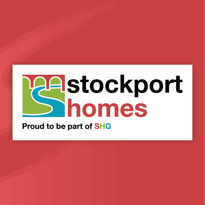 Stockport Homes logo with stylized "S" graphic, reads "stockport homes" and "Proud to be part of SHG" on a red background.